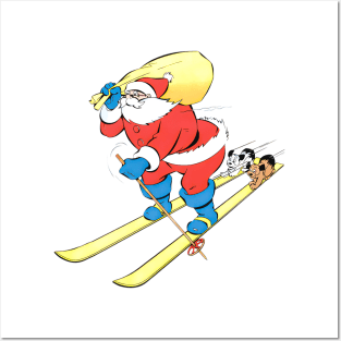 two funny dogs travel on Santa Claus's skis at full speed towards merry Christmas in the snow Retro Vintage Comic Cartoon Posters and Art